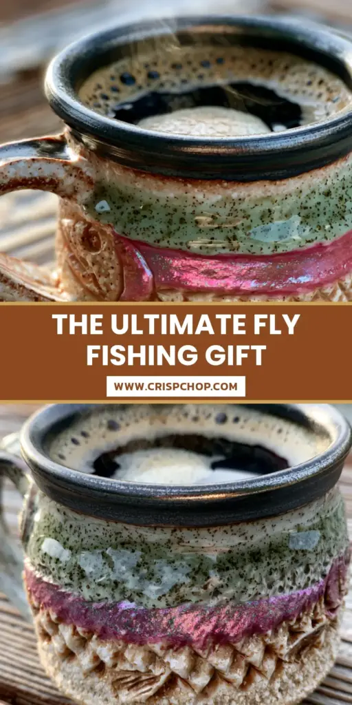 A heavy stoneware rainbow trout mug with hand-carved scales and a fuchsia stripe sitting on a cedar table with river mist.