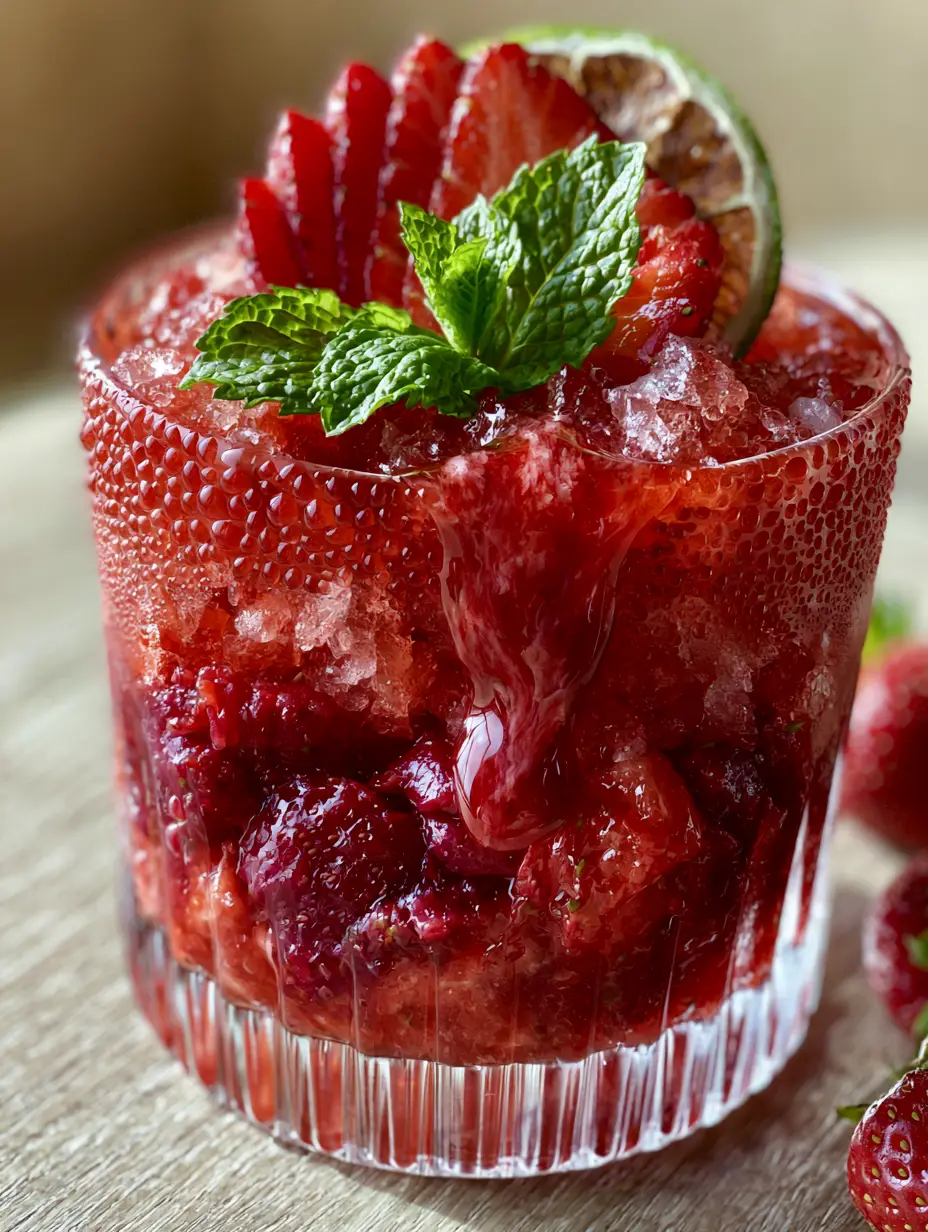 Close up of Strawberry rum cocktails showing heavy condensation and a fanned strawberry garnish.