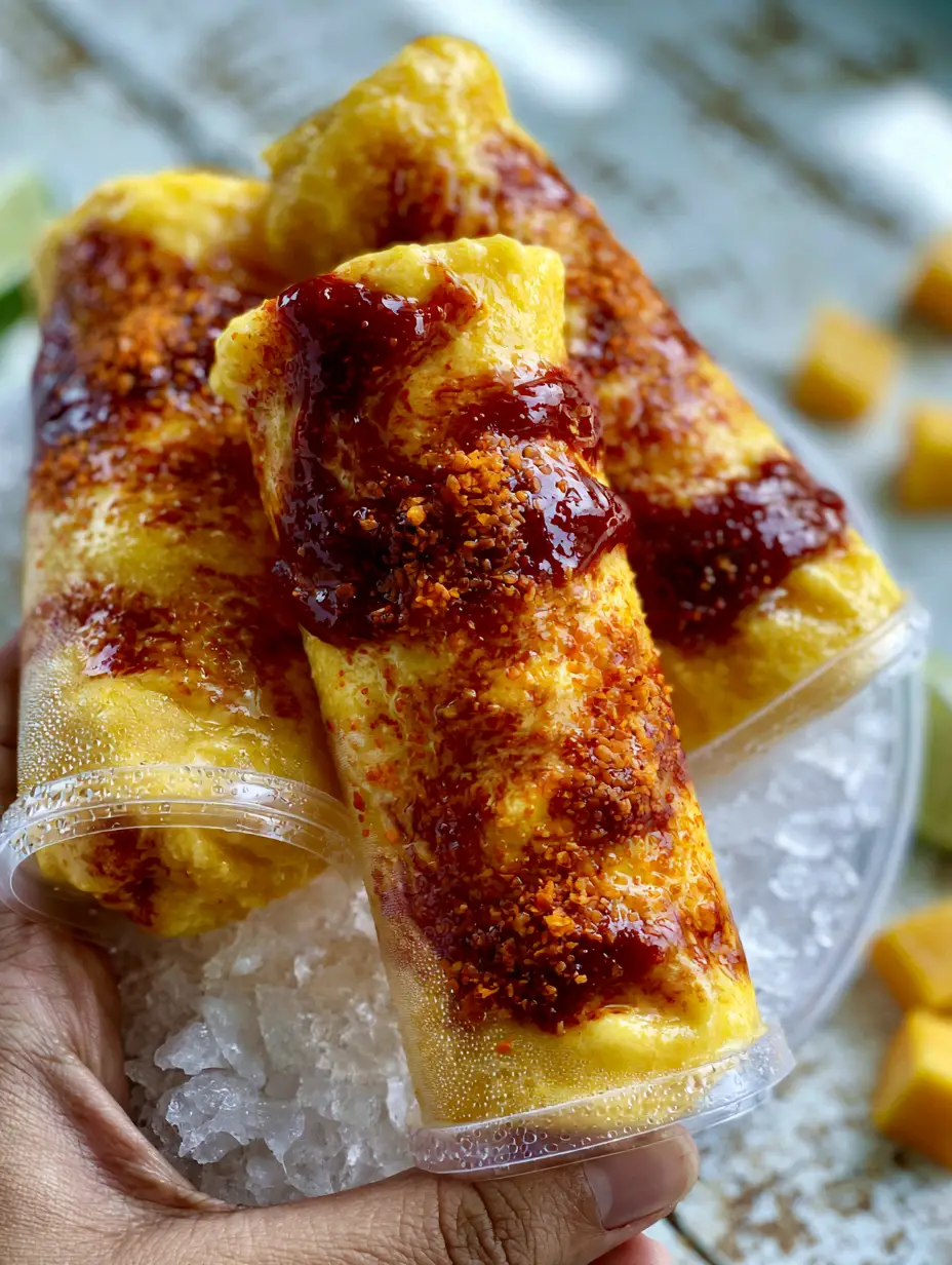 A handheld gourmet bolis mango-chile showing the soft creamy squeeze and micro-droplets of condensation on the clear plastic sleeve.