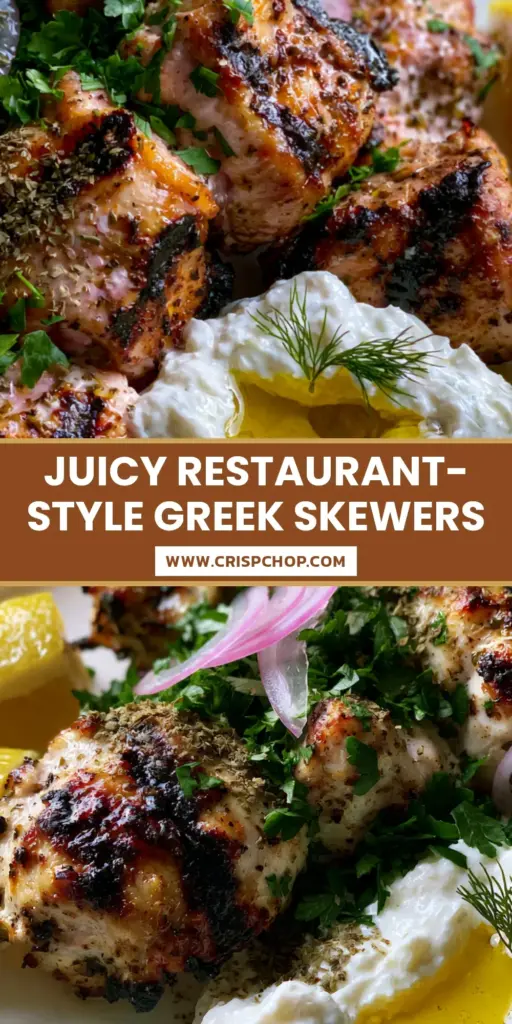 Greek chicken skewers with Authentic Creamy Tzatziki Sauce 4 A close-up of handheld Greek chicken skewers featuring dark grill marks, served with thick white tzatziki and red onions. (Greek chicken skewers)