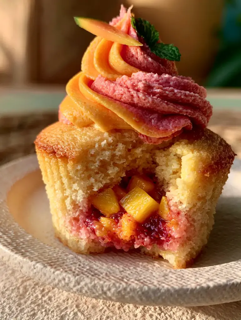 Detailed view of the light golden crumb and two-tone mango and strawberry buttercream swirl.