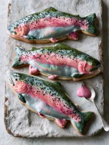 Macro photograph of three fish-shaped Rainbow Trout Cookies with glossy, marbled royal icing and tiny black speckles.