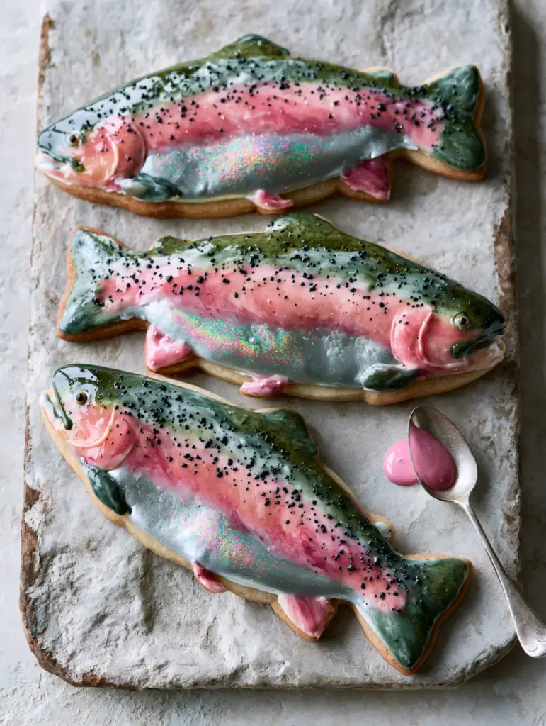 Rainbow Trout Cookies: How to Bake Artistic Fish-Shaped Sugar Cookies 2 Macro photograph of three fish-shaped Rainbow Trout Cookies with glossy, marbled royal icing and tiny black speckles.