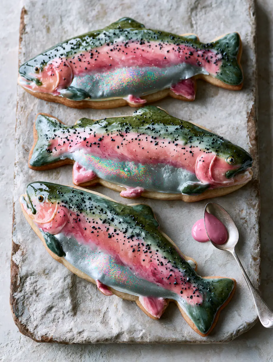 Rainbow Trout Cookies: How to Bake Artistic Fish-Shaped Sugar Cookies 3 Macro photograph of three fish-shaped Rainbow Trout Cookies with glossy, marbled royal icing and tiny black speckles.