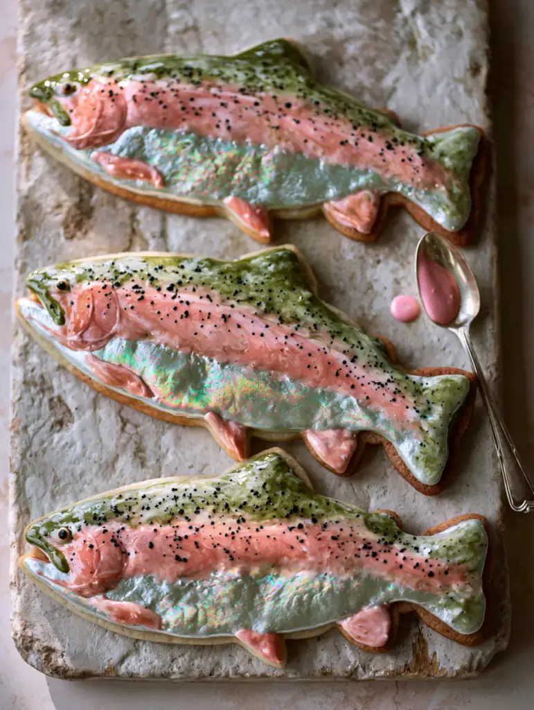 Rainbow Trout Cookies: How to Bake Artistic Fish-Shaped Sugar Cookies 1 Close up of decorated Rainbow Trout Cookies showing the pearlescent silver belly and hand-painted black ink speckles.