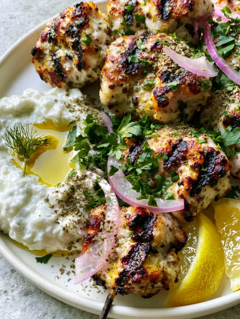 Greek chicken skewers with Authentic Creamy Tzatziki Sauce 1 Detailed shot of Greek chicken skewers garnished with translucent red onion crescents and vibrant chopped parsley.