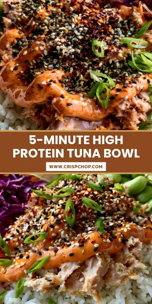 Canned Tuna Bowl: The Ultimate 15-Minute Luxury Pantry Meal 4 Extreme close-up of a luxury Canned Tuna Bowl with chunky white tuna, edamame, cucumber ribbons, and a spicy mayo zigzag. (Canned Tuna Bowl)