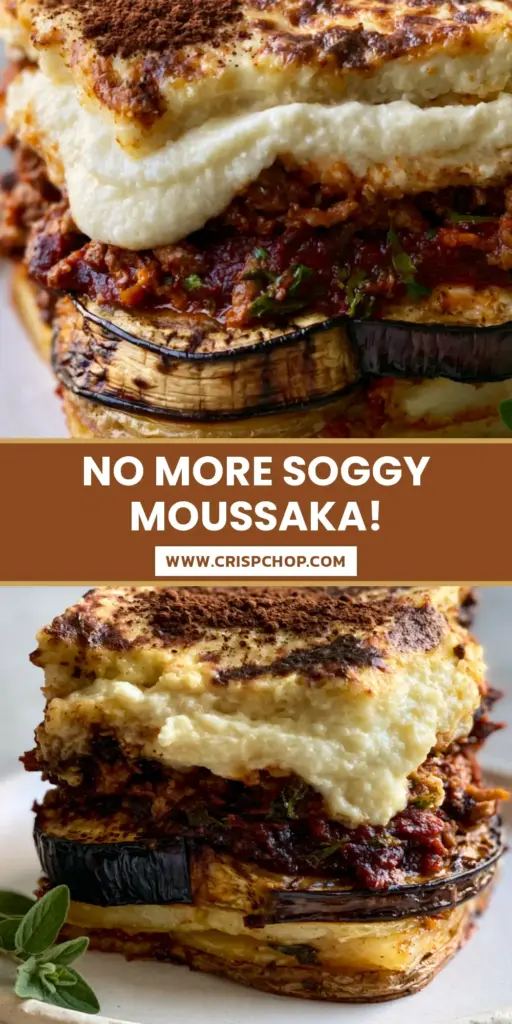 A vertical tall slice of Eggplant Moussaka showing architectural layers of potato, charred eggplant, lamb ragu, and thick bechamel on a rustic plate.