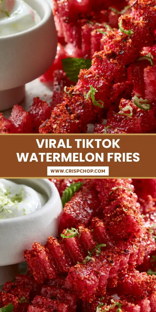 A heap of crinkle-cut watermelon fries seasoned with Tajin and lime zest on a stone platter. (watermelon fries)