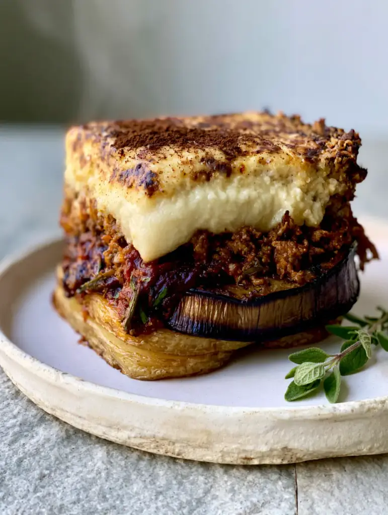 A steaming slice of Eggplant Moussaka on a light gray stone countertop with a mottled golden-brown cheese crust.