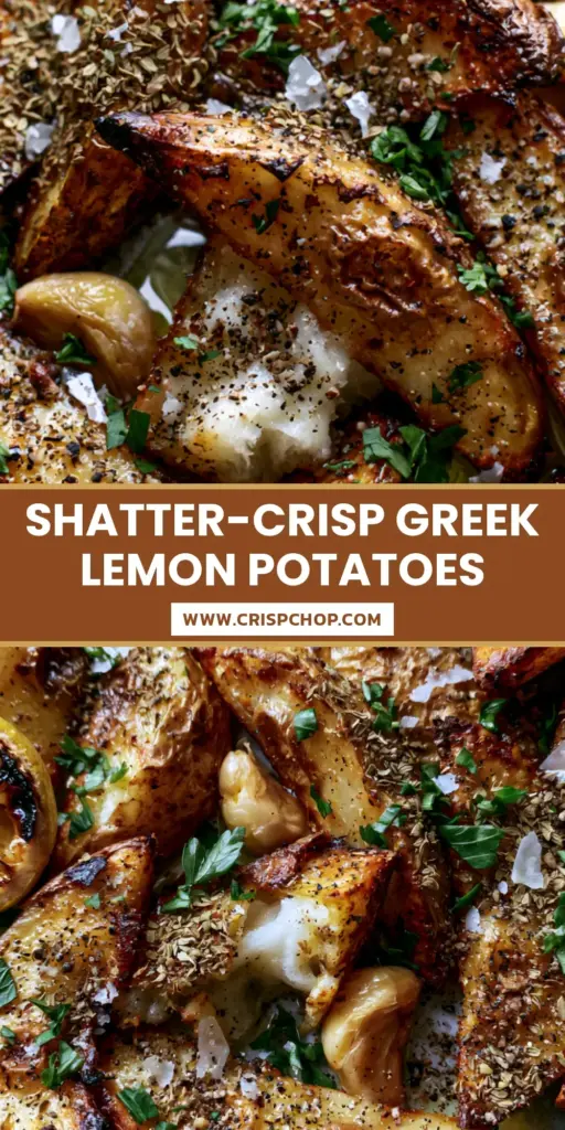 Greek potatoes recipe: The Secret to Shatter-Crisp Roasted Wedges 4 Ultra-crispy Greek potatoes recipe featuring golden-brown wedges with charred edges, roasted garlic, and charred lemon halves on a rustic baking sheet. (Greek potatoes recipe)