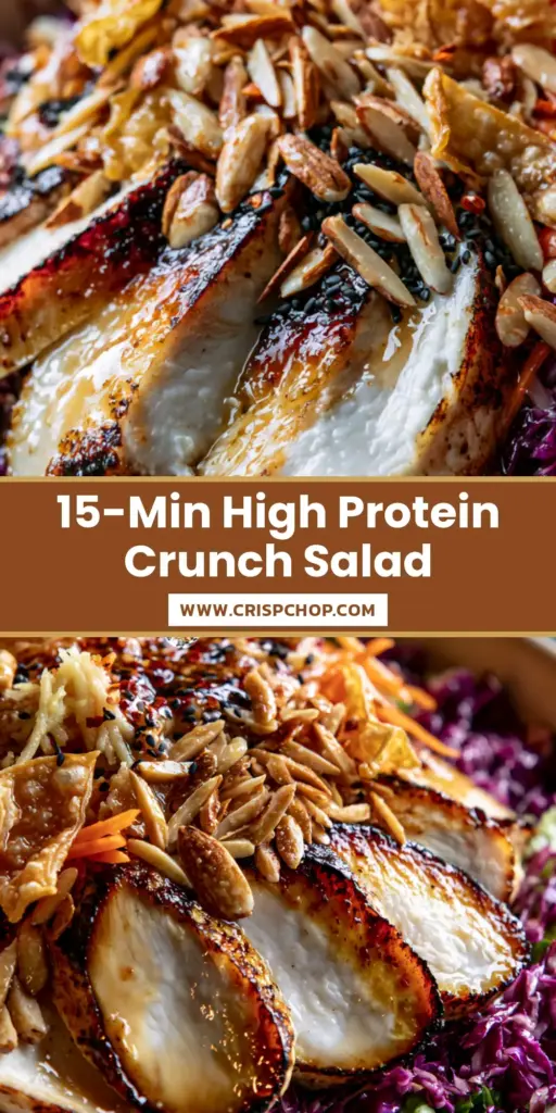 A top-down view of a vibrant asian chicken crunch salad featuring seared chicken, neon-purple cabbage, and golden wonton strips.