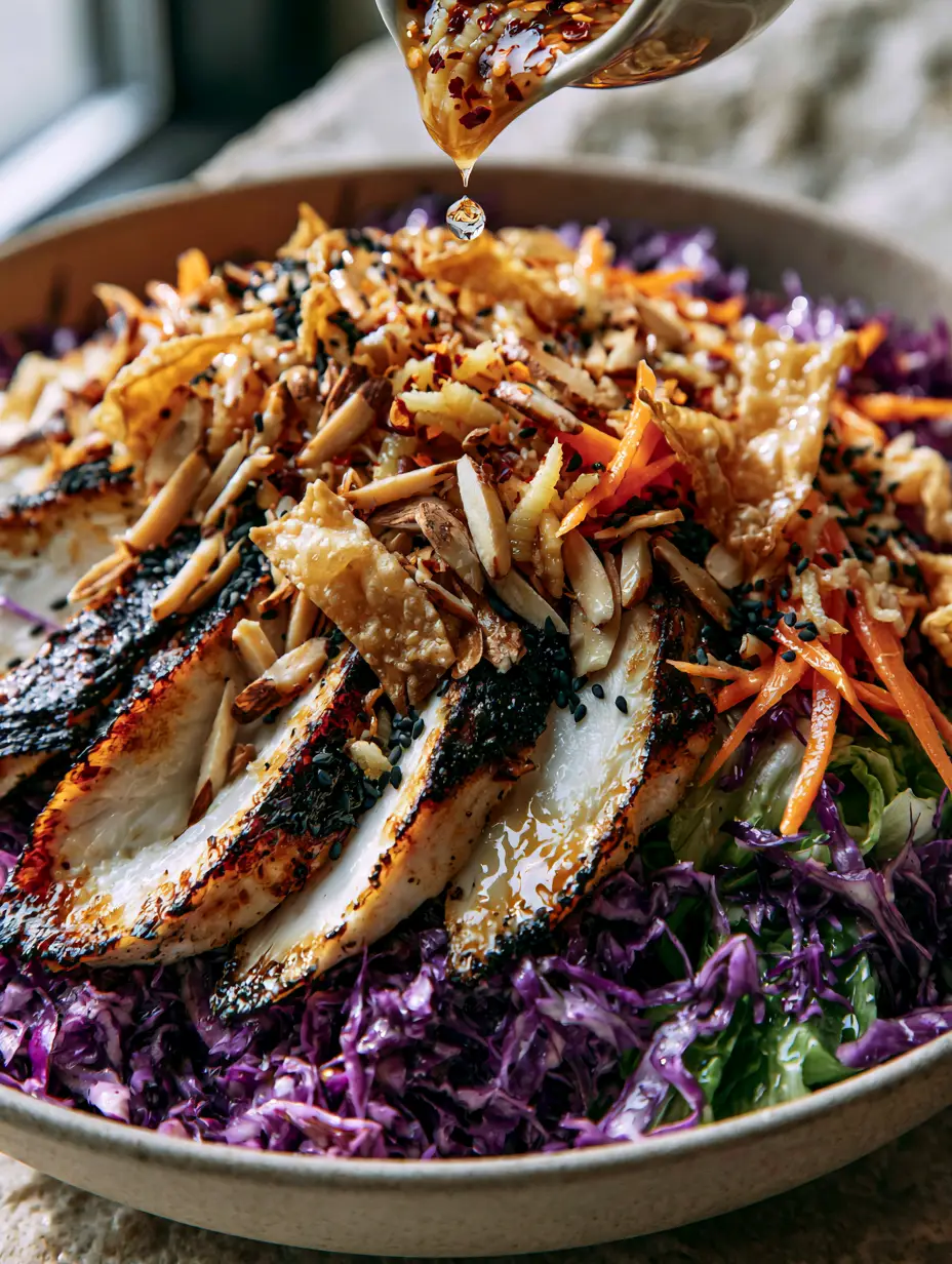 Close-up of glossy sesame ginger dressing being drizzled over seared chicken and purple cabbage. (asian chicken crunch salad)