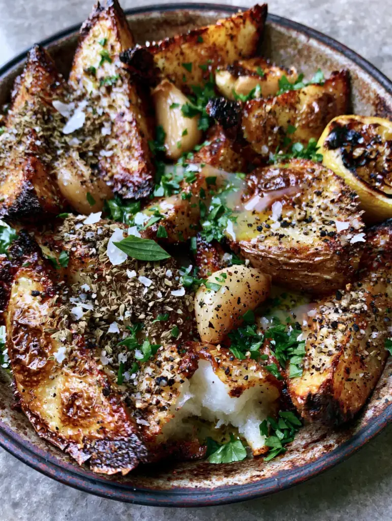 Greek potatoes recipe: The Secret to Shatter-Crisp Roasted Wedges 1 High-angle view of the baking sheet showing roasted whole garlic cloves and charred lemon halves tucked between crispy potato wedges.