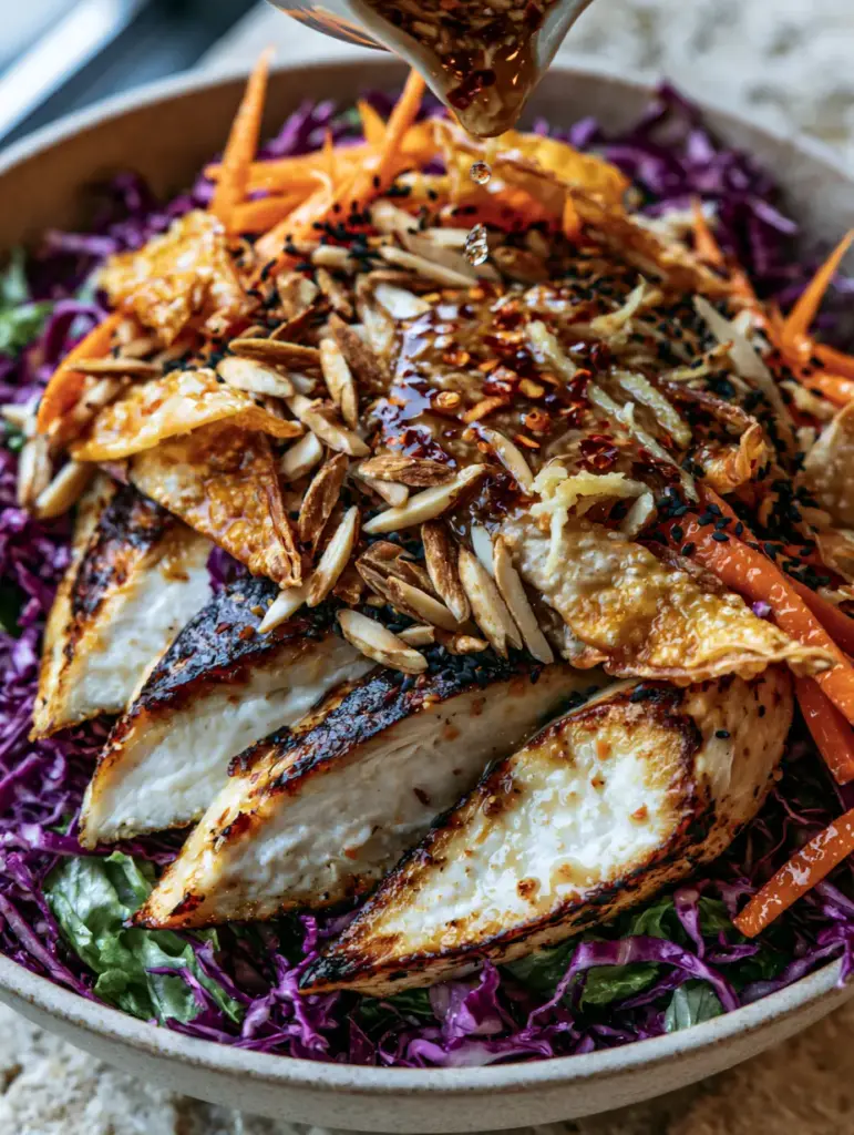 Extreme close-up showing the textures of toasted almonds, wonton strips, and black sesame seeds in an asian chicken crunch salad.
