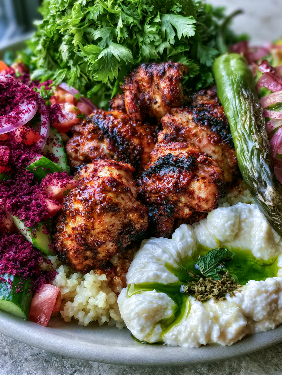 Close-up of succulent charred chicken thighs with deep golden-brown grill marks on a bed of fluffy bulgur. (Turkish recipes)