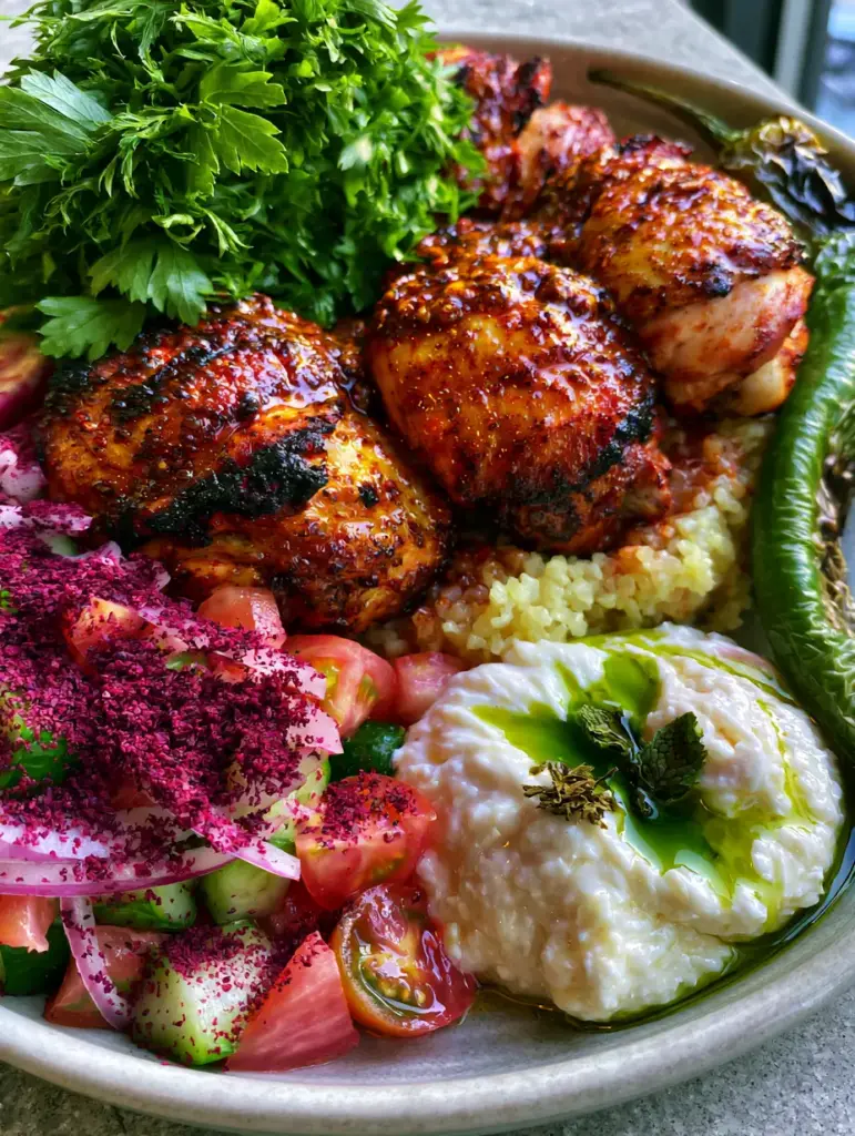 A generous dollop of thick garlic labneh drizzled with emerald-green olive oil and dried mint. (Turkish recipes)
