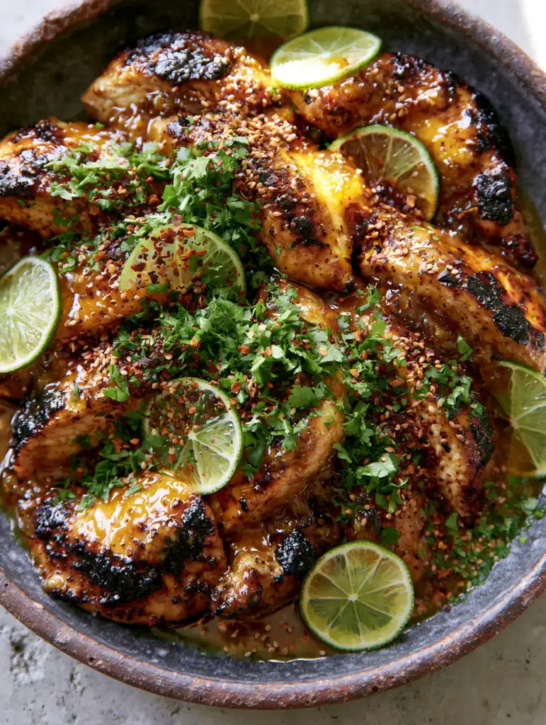 Close up shot of amber-colored Honey Lime Chicken glaze and sesame seed garnish.