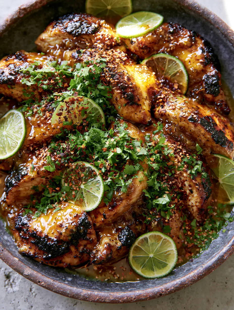 Close up shot of amber-colored Honey Lime Chicken glaze and sesame seed garnish.