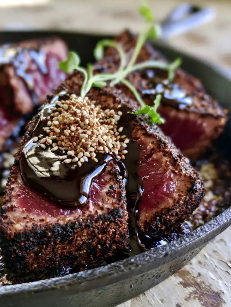 Blackened Balsamic Tuna Steaks with a Glossy Mahogany Glaze 1 Glossy mahogany balsamic glaze drizzled over rare blackened tuna steaks. (Blackened Balsamic Tuna Steaks)