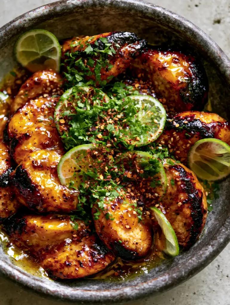 Pan-seared chicken strips with visible charred edges and fresh lime half-moons.