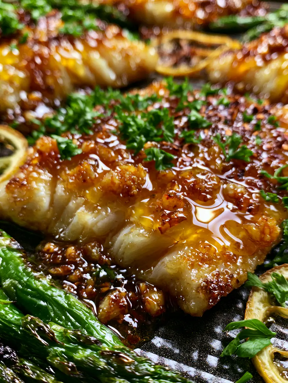 Baked Honey Garlic Cod: The Ultimate 20-Minute Sheet Pan Dinner 3 Macro shot of flaky baked honey garlic cod pulling apart, showing the thick translucent glaze and toasted garlic bits. (baked honey garlic cod)