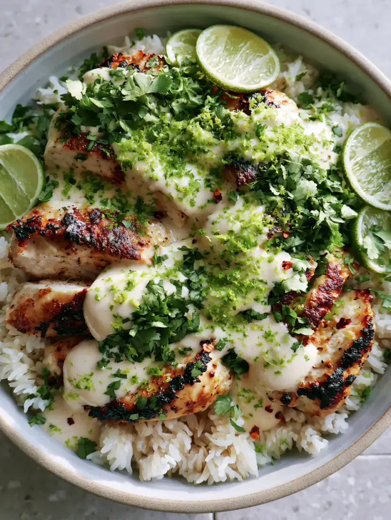 Close-up of the creamy opaque ivory sauce pooling around pan-seared chicken and fluffy rice. (Coconut Chicken)