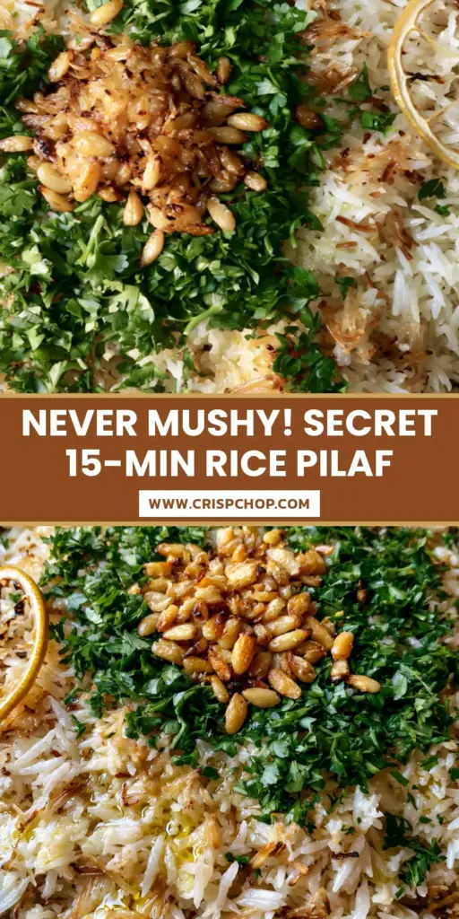A close-up of Mediterranean rice pilaf in a cast iron pot garnished with pine nuts and parsley. (rice pilaf recipe)