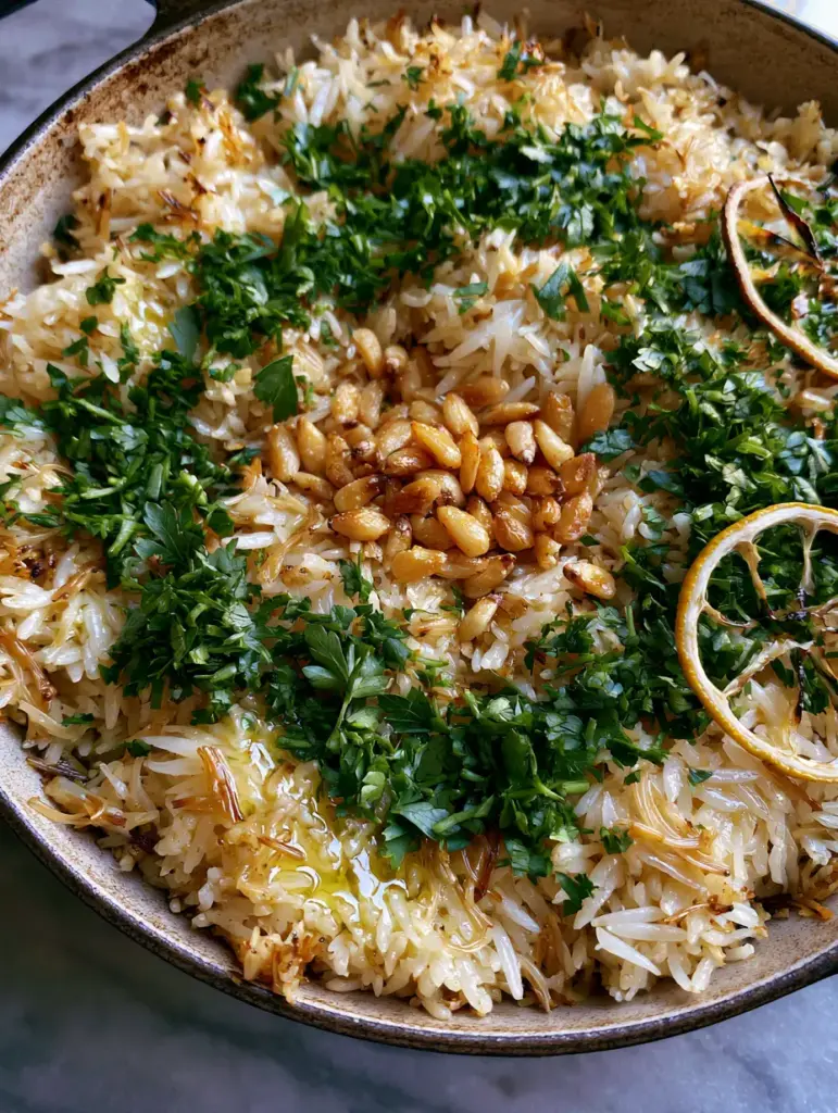 Top down view of a rustic cast iron pot filled with golden rice pilaf and toasted pine nuts.