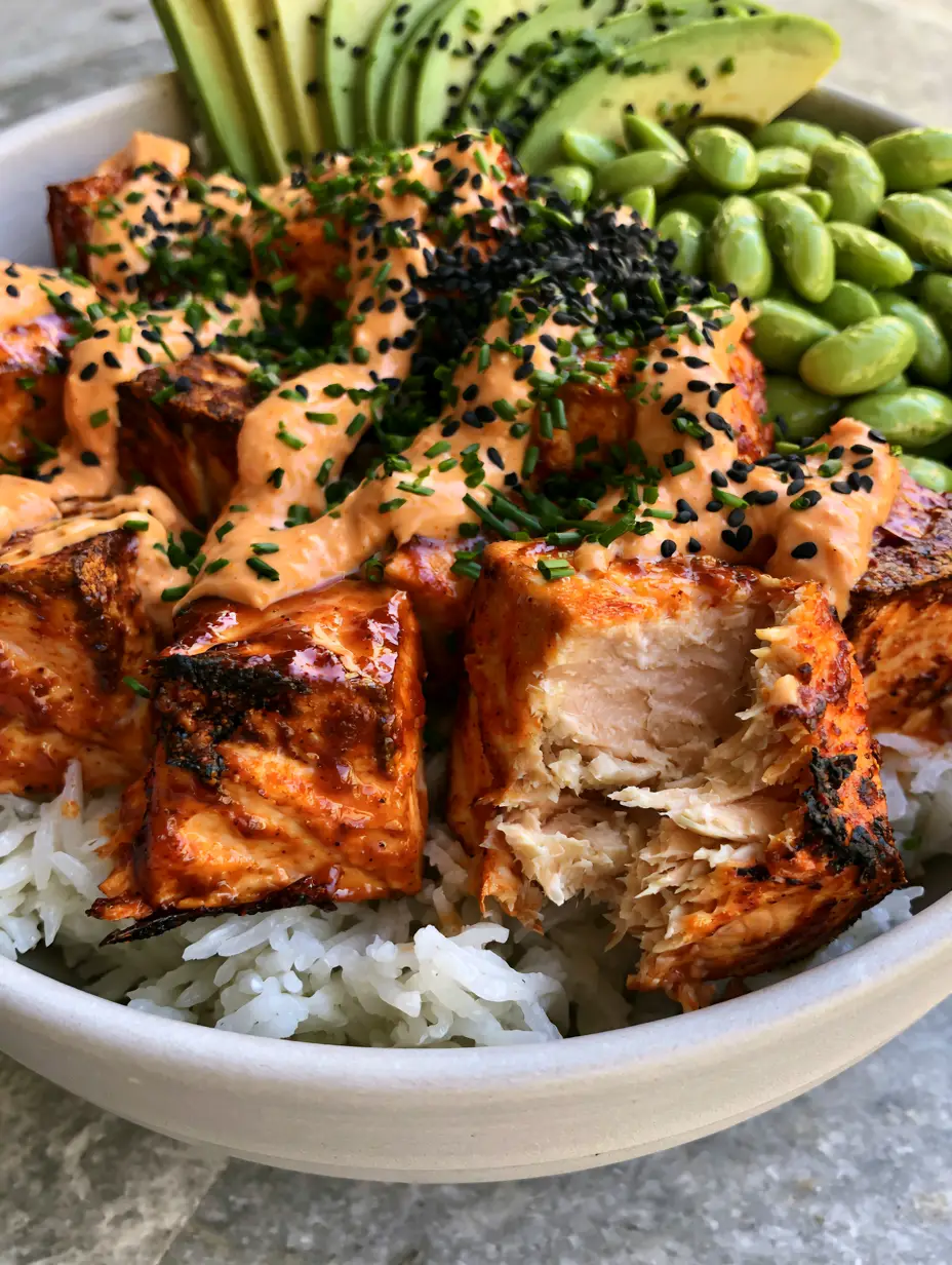 Extreme close-up of charred honey-sriracha salmon cubes in a salmon rice bowl recipe.