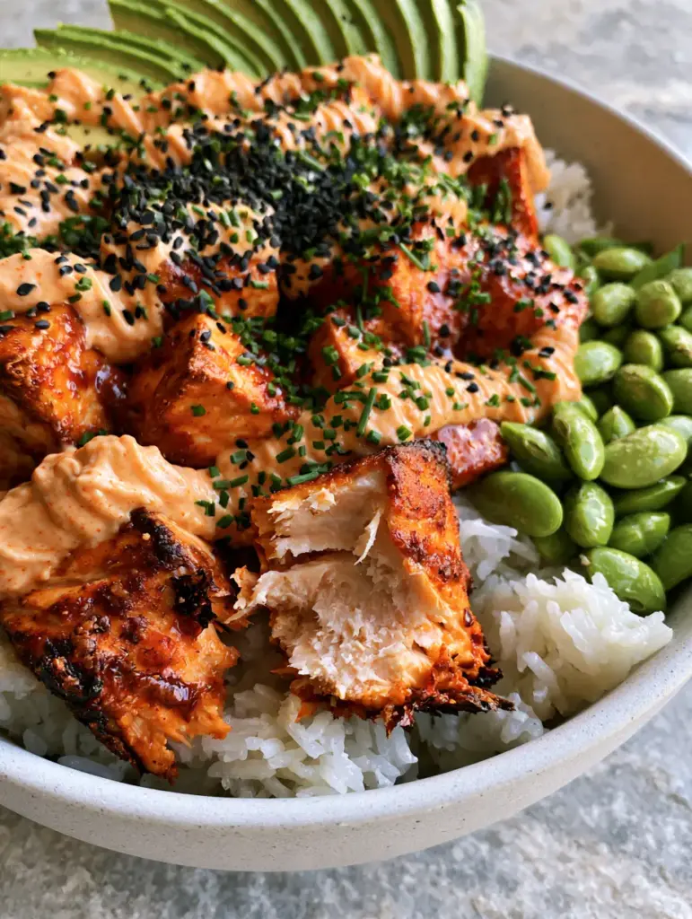 Overhead view of a salmon rice bowl recipe with fanned avocado and spicy mayo drizzle.