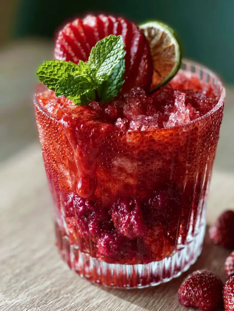 Slightly angled shot of artisanal strawberry rum cocktails with muddled fruit and dehydrated lime.