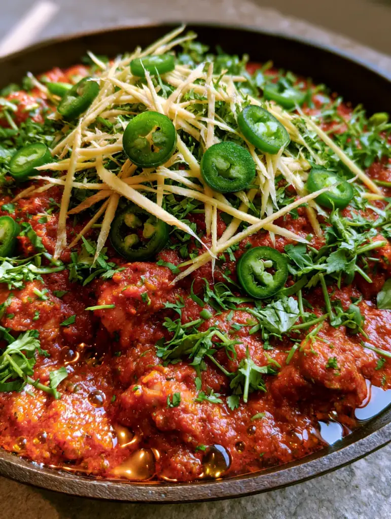 Pakistani foods: Authentic Chicken Karahi in a Cast Iron Pan 2 Extreme close-up of glossy red-orange tomato gravy and succulent chicken. (Pakistani foods)