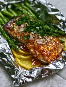 Seared salmon fillet with a thick amber glaze and green asparagus spears. (foil packet recipes)