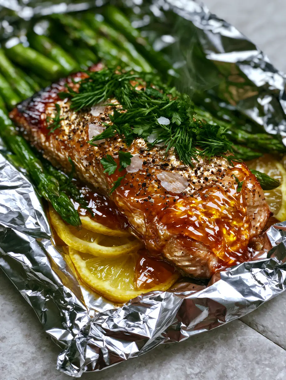 Foil Packet Recipes: The Ultimate Honey Garlic Glazed Salmon and Asparagus 3 Seared salmon fillet with a thick amber glaze and green asparagus spears. (foil packet recipes)