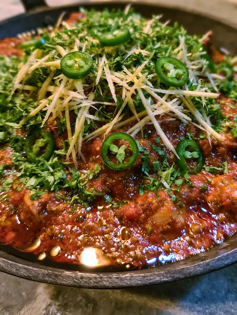 Pakistani foods: Authentic Chicken Karahi in a Cast Iron Pan 1 Handheld photo showing the dense garnish of ginger and cilantro on a Chicken Karahi.