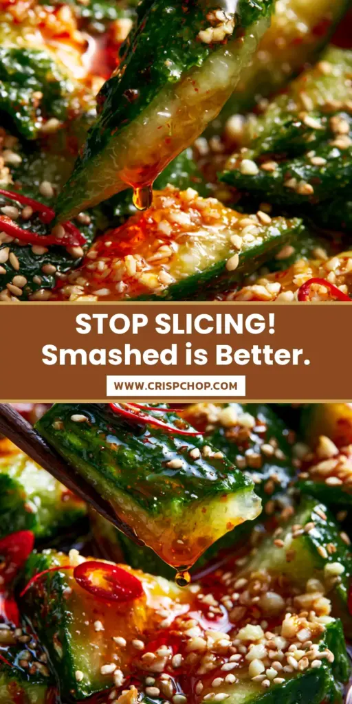 A macro shot of smashed Asian Cucumber Salad in a matte bowl with chili oil and sesame seeds.