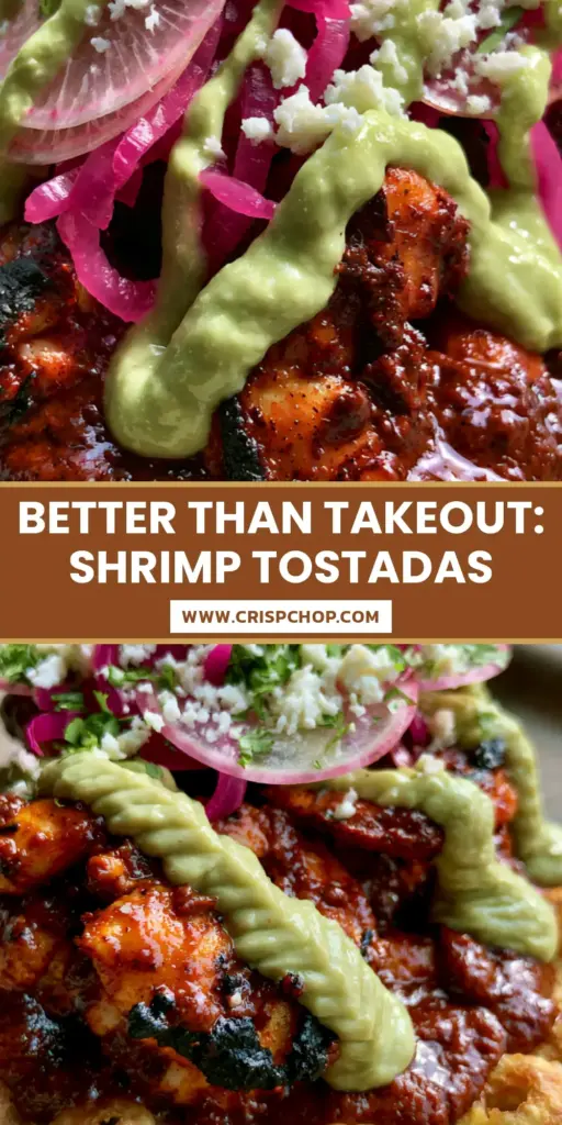 A gourmet chipotle shrimp tostada with charred shrimp, silky avocado crema zigzag, and magenta pickled onions on a golden corn tortilla.