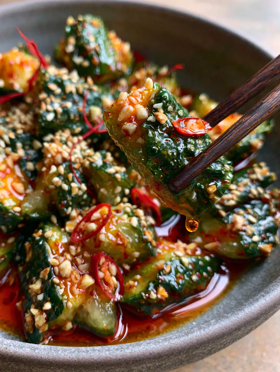 Extreme close-up of jagged cucumber edges drenched in glossy amber soy sauce and red oil. (Asian Cucumber Salad)