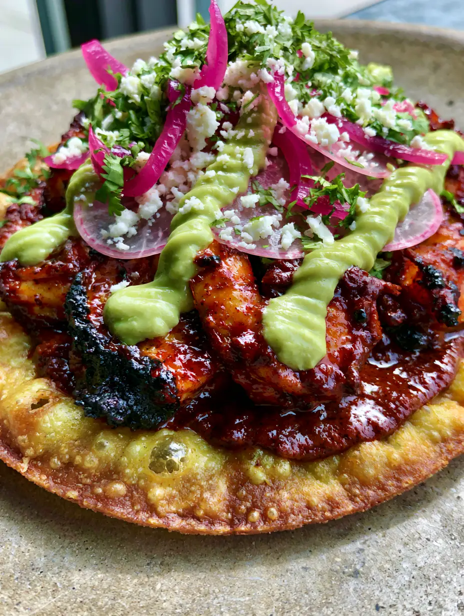 Close-up of seared chipotle shrimp on a crispy tostada with translucent radish slices and cotija cheese. (chipotle shrimp tostadas)