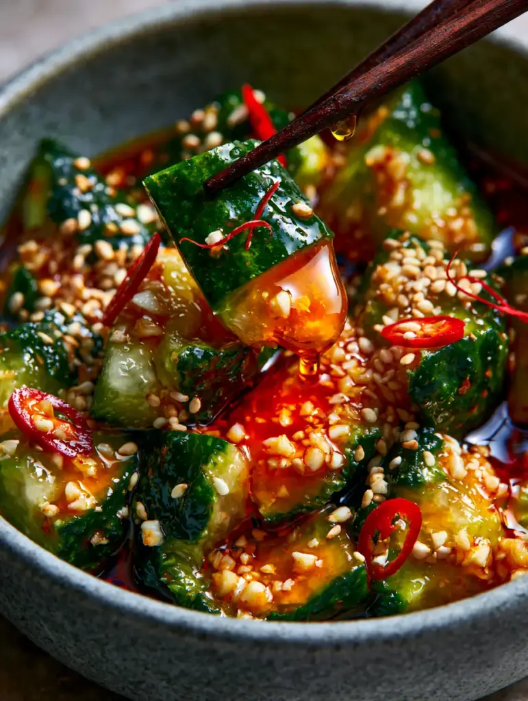 Close-up of Asian Cucumber Salad with minced garlic and red chili slices held by wooden chopsticks.