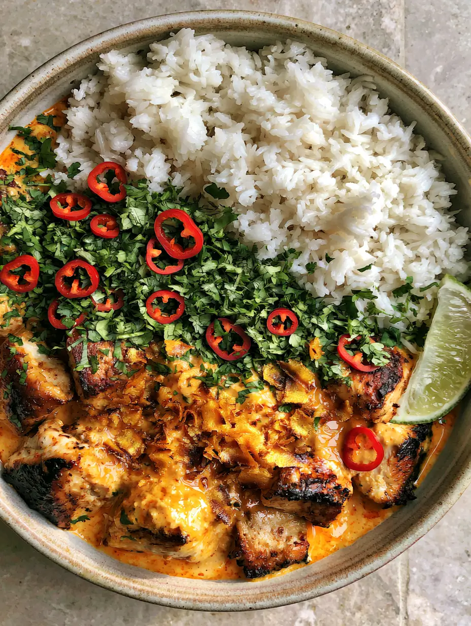 Close up of charred chicken cubes in a glistening orange coconut curry sauce. (Coconut Chicken Rice Bowl)