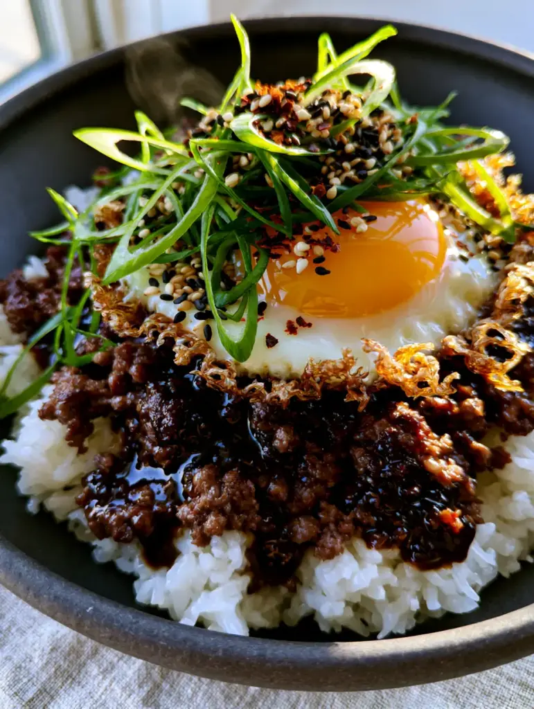 Korean Ground Beef Rice Bowls with Caramelized Soy-Ginger Glaze 2 Macro shot of caramelized ground beef with glossy soy glaze and toasted sesame seeds for Korean Ground Beef Rice Bowls.