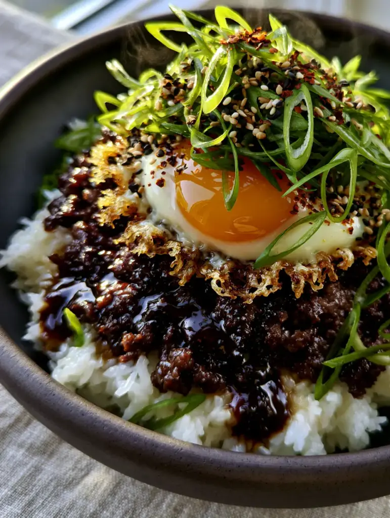 Korean Ground Beef Rice Bowls with Caramelized Soy-Ginger Glaze 1 Close-up of a sunny-side up egg with crispy lacy edges atop steaming white jasmine rice in Korean Ground Beef Rice Bowls.