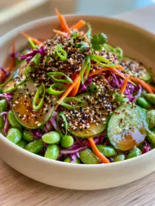 Close up of Japanese edamame salad featuring plump green edamame and thin Persian cucumber half-moons.