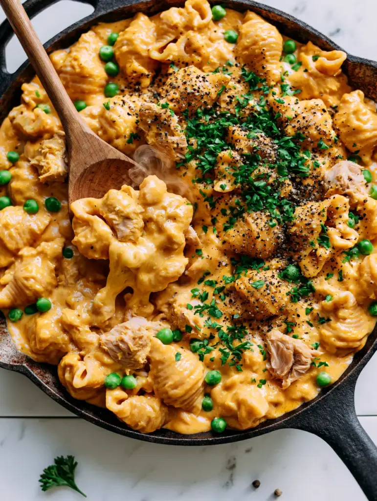 Wide angled photo of the tuna helper in a skillet on a marble countertop with fresh parsley and peppercorns.