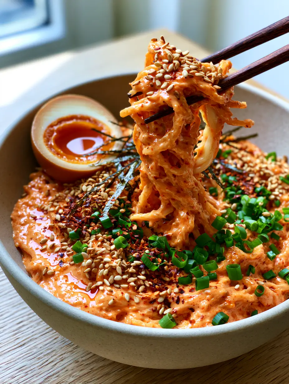 Close-up of glossy Buldak Carbonara noodles showing oil droplets and vibrant orange sauce.