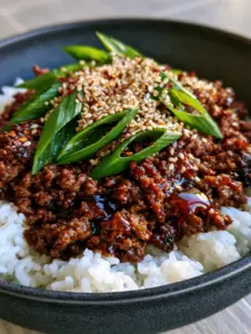 Close up of caramelized ground beef with a glossy soy-ginger glaze and sesame seeds. (Asian dinner ideas)