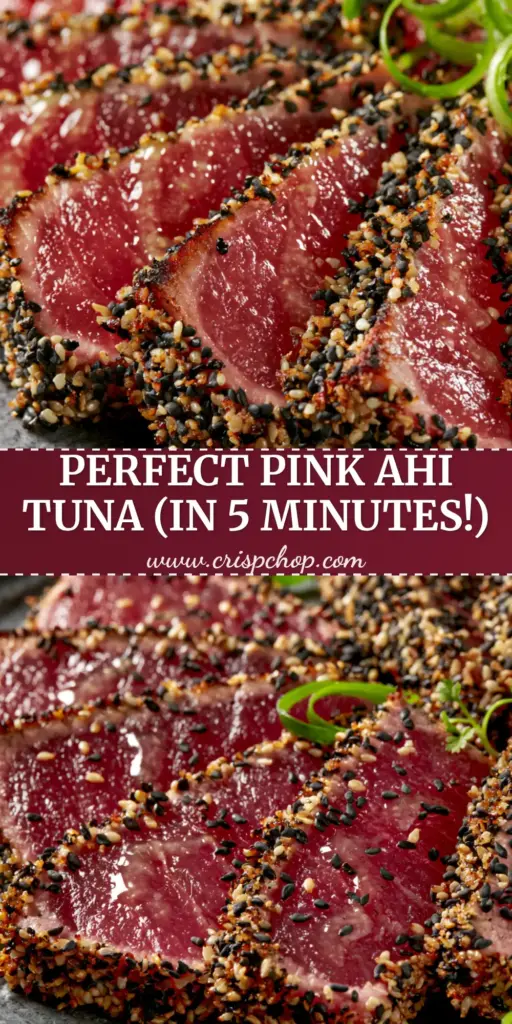 A professional fan-style arrangement of seared Ahi tuna steaks with a sesame seed crust and ginger-lime glaze on a grey plate. (tuna steak recipe)