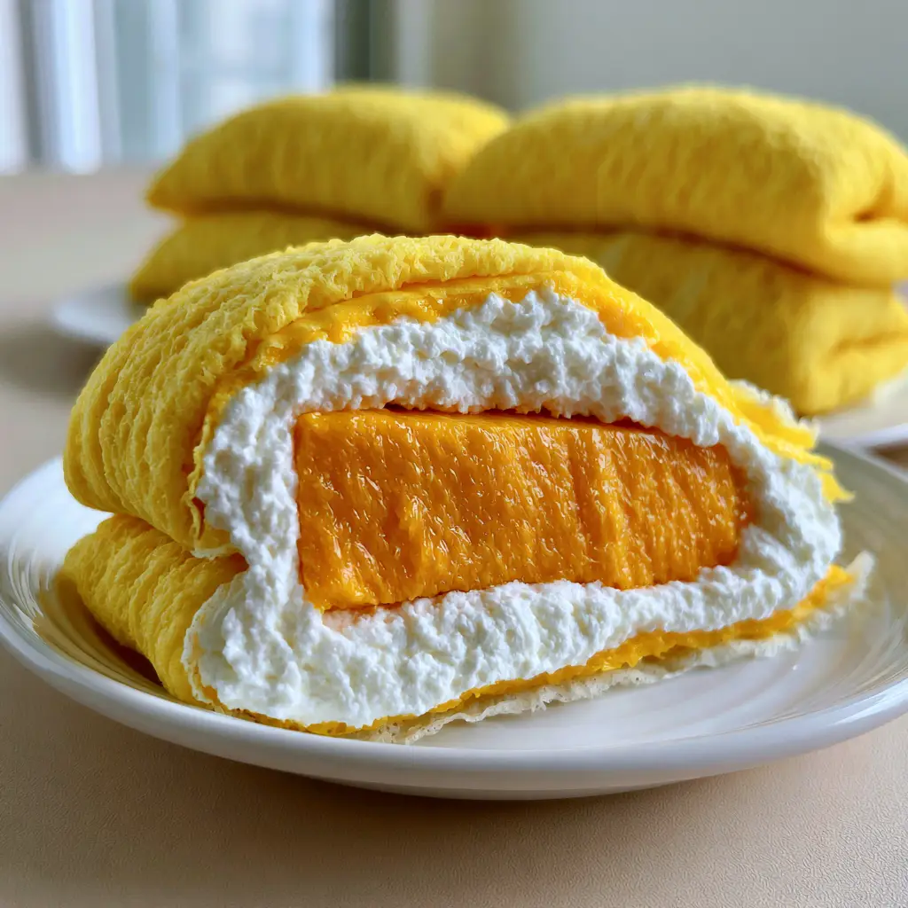 Mango pancake: The Ultimate Hong Kong Dim Sum Dessert Guide 2 Handheld photo of a Mango pancake cut in half to reveal thick whipped cream and a juicy honey mango chunk.